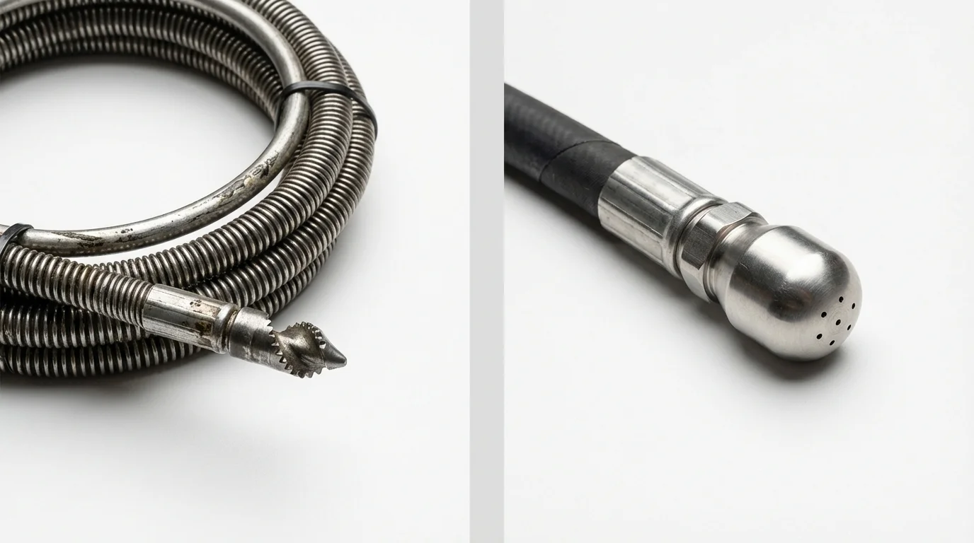 Drain snake cable and hydro jetting nozzle used for drain cleaning in Prospect, OH