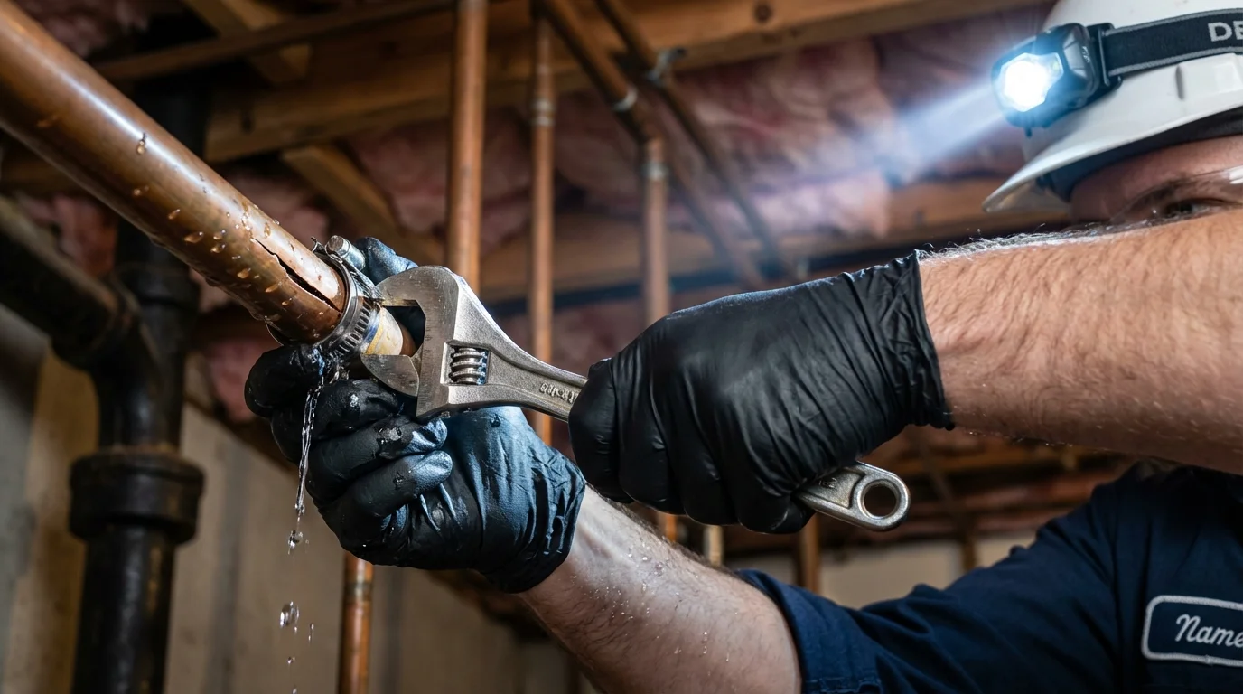 Emergency pipe clamp repair being performed by a Johns Plumbing LLC plumber in Prospect