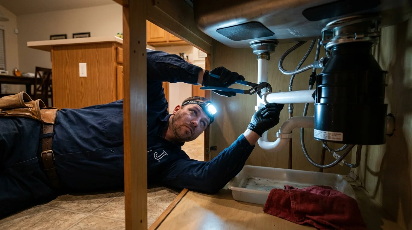 P-trap and supply line connections under a kitchen sink showing a common leak point in Prospect, OH